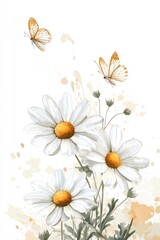 Fototapeta premium Delicate watercolor daisies adorned with fluttering butterflies in the sunlight