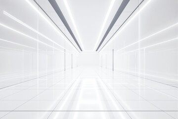 Fototapeta premium Futuristic white corridor with bright lights and glass reflections.