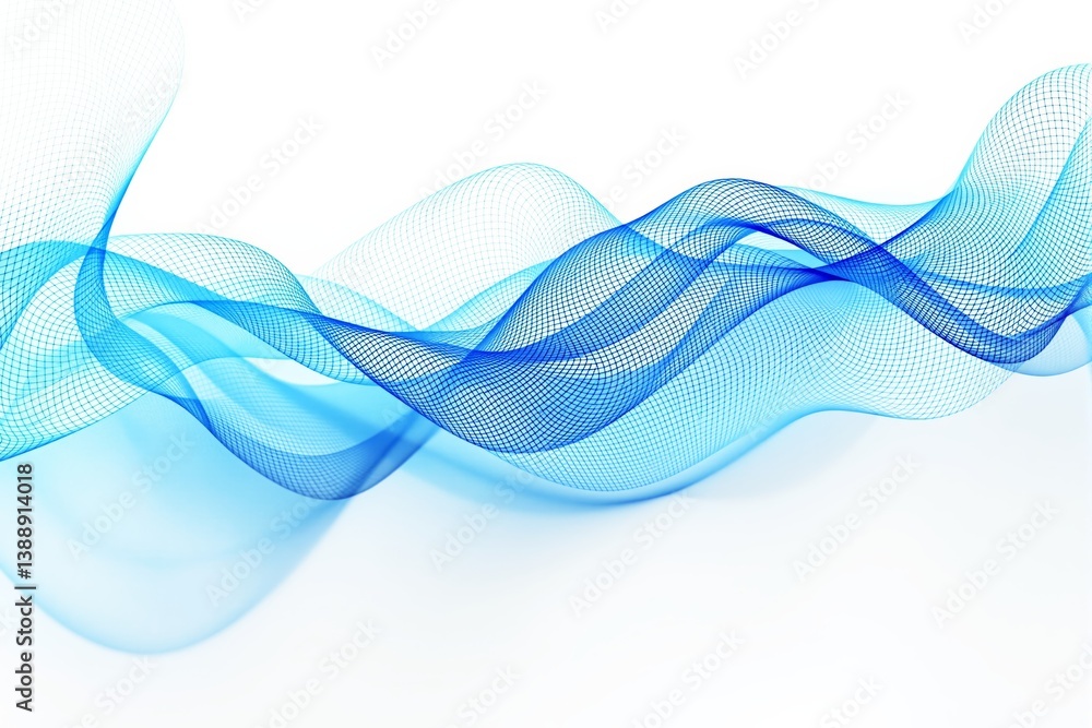 Poster abstract blue wave mesh background with flowing curved lines on a white backdrop.