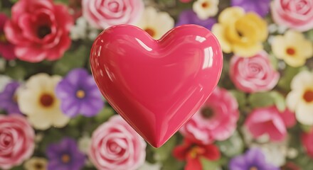 Glossy Heart, Floral Bloom: 3D Render AI Generated
