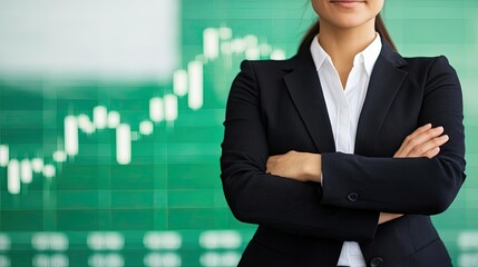 Green stock market chart in finance and technology industry concept. Confident businesswoman stands before a stock market chart.