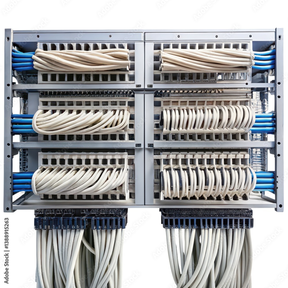 Poster a neatly organized network rack featuring various cables and connectors, showcasing modern technolog