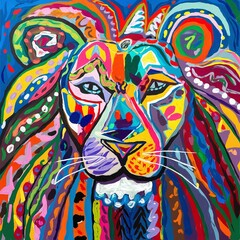 Naklejka premium A vibrant and colorful lion head painting in an abstract style, featuring bold brushstrokes and a mix of warm and cool tones, perfect for modern art lovers and creative decor. 