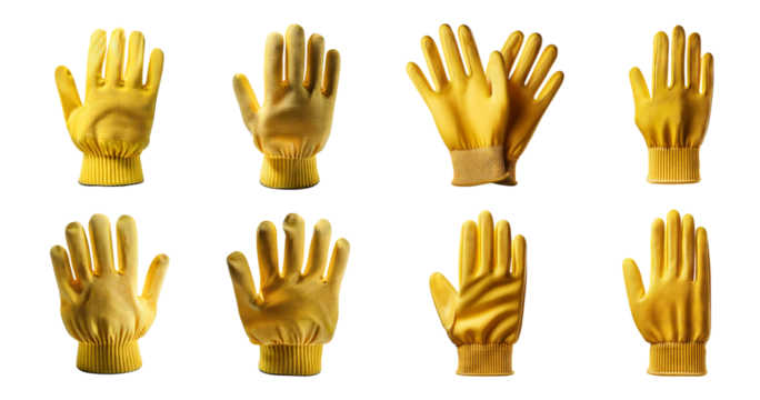 Set of Eight Vibrant Yellow Gloves for Household Cleaning Tasks, Bundle Set Collection, Isolated on Transparent Background