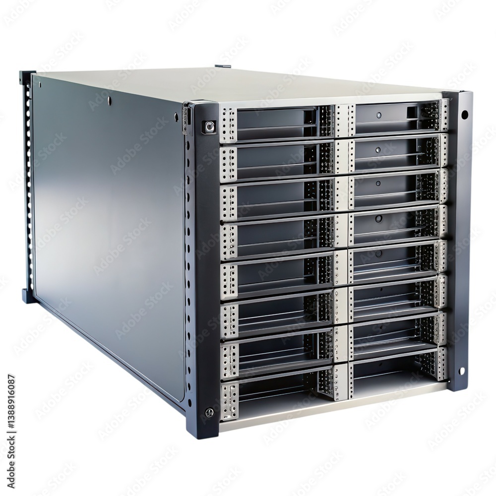 Poster a sleek, modern server rack designed for efficient storage and organization of multiple servers and 