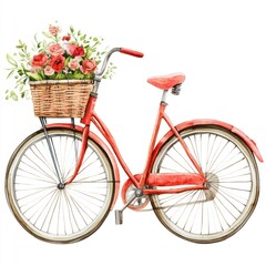 A watercolor painting depicts a red bicycle with floral basket