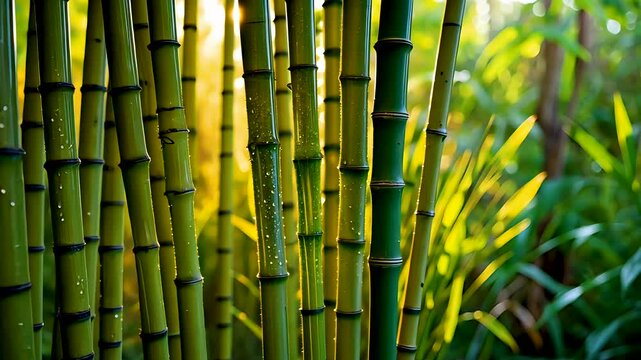 Vibrant green bamboo stalks growing densely in peaceful tropical forest setting