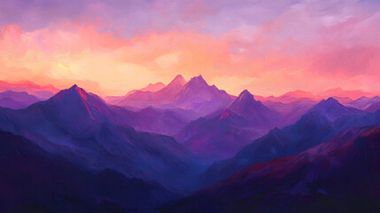 Fototapeta premium Majestic Mountain Vista: A breathtaking panorama unfolds as twilight paints the sky with vibrant hues, casting a soft glow over the jagged peaks and vast valleys.