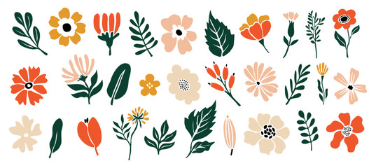 Set of hand drawn floral design elements, abstract shapes. Wild and garden flowers, leaves. Contemporary modern vector botanical art illustrations in trendy bright colors on white background.