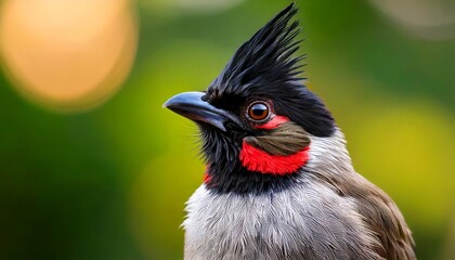 Obraz premium A striking close-up of a bird featuring a notable crest, vivid colors, and intricate details against a softly blurred green background.