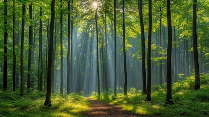 Sunlight streaks through trees in lush forest with path and dense foliage background
