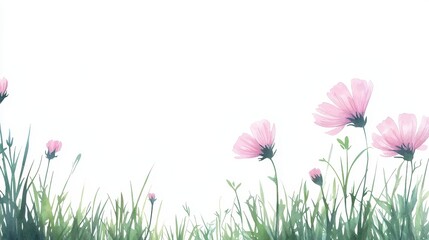 Vibrant pink flowers blooming in a lush green field, serene nature painting