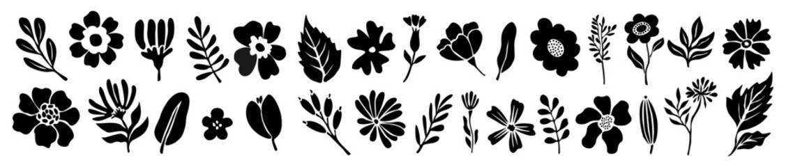 Set of flower and leaves silhouettes. Hand drawn floral design elements, icons, shapes. Wild and garden flowers, leaves black and white outline illustrations on white background.