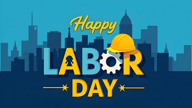 Happy Labor Day greeting with bold text, worker silhouette in hard hat, gear icon, and city skyline background celebrating workers, construction, labor unions, and industrial contributions in America