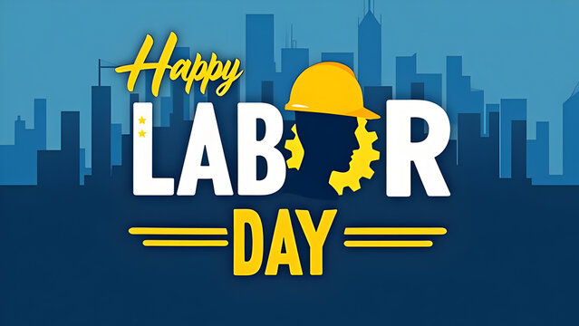 Happy Labor Day greeting with bold text, worker silhouette in hard hat, gear icon, and city skyline background celebrating workers, construction, labor unions, and industrial contributions in America