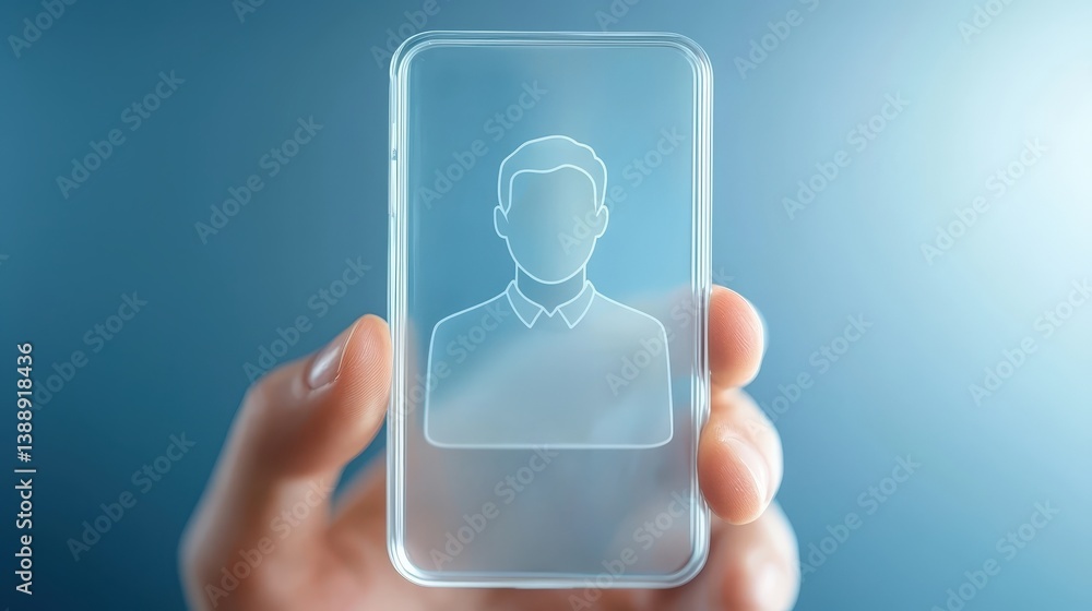 Poster closeup of person holding smartphone with face displayed on screen, exploring mobile technology and 