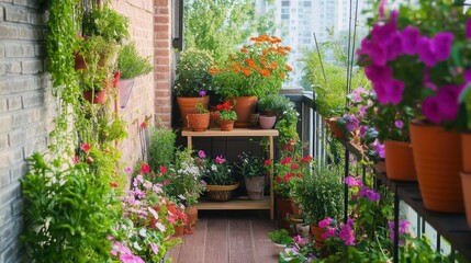 Obraz premium A beautiful urban balcony is filled with potted plants and blooms