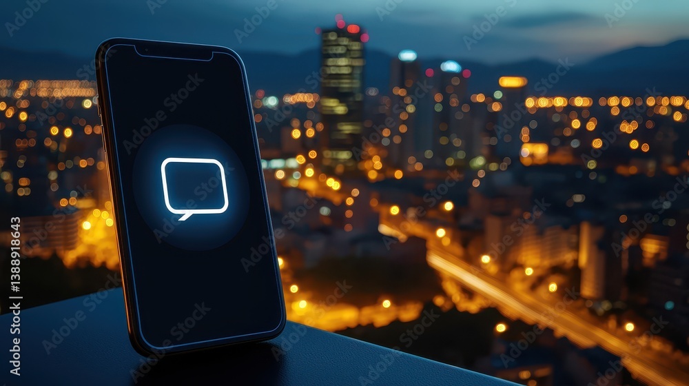 Poster a smartphone displaying a glowing message bubble icon rests on a ledge overlooking a brightly lit ci