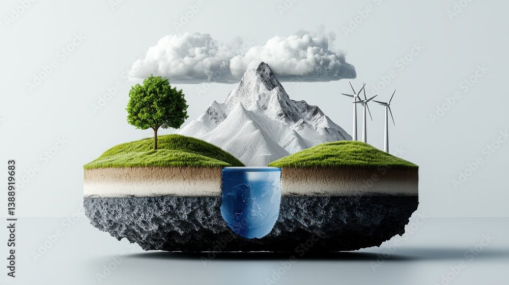 Poster a mountain range with a tree and a river in the middle