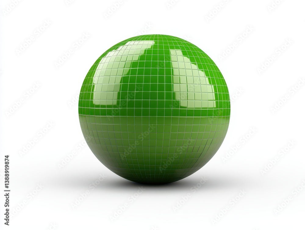 Poster a shiny green sphere with a subtle grid pattern casts a soft shadow on a white surface.