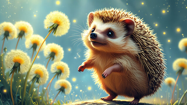 a whimsical illustration of a hedgehog standing on its hind legs, surrounded by a bouquet of dandelions with delicate, feathery stems and bright yellow petals, each one gently swaying as if singing in