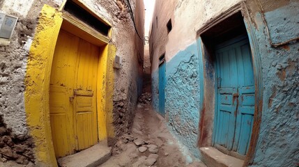 Quaint narrow alleyway adorned with charming blue doors creating a picturesque scene of urban architecture
