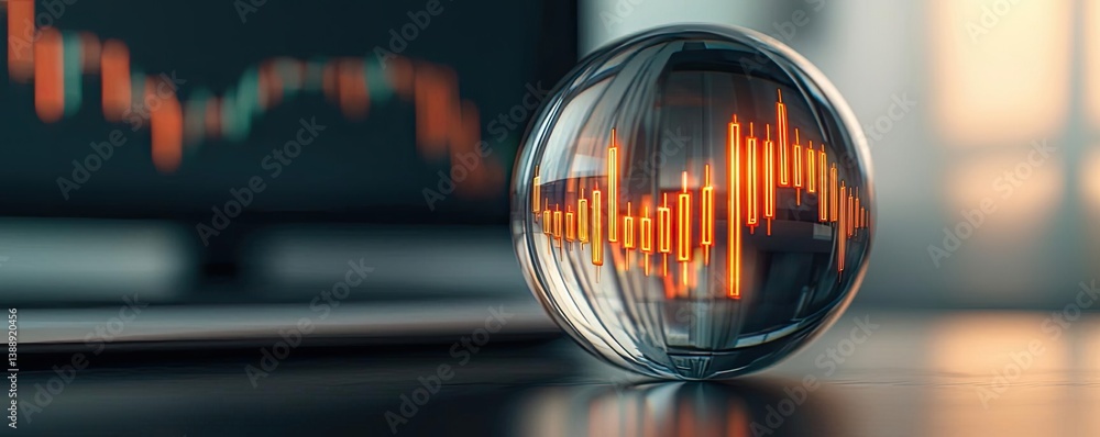 Poster candlestick in crystal globe predicting finance and investment concept. business graph reflected in 