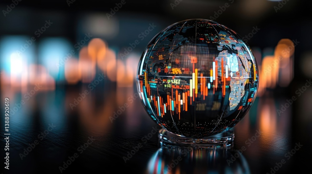 Poster candlestick in crystal globe predicting finance and investment concept. globe with financial data di