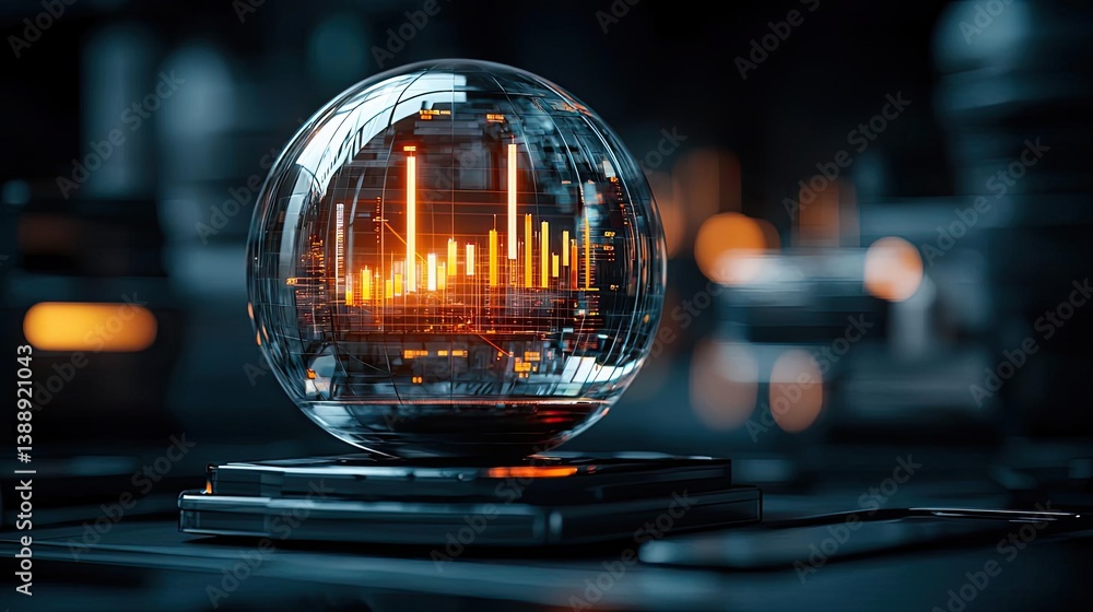 Poster candlestick in crystal globe predicting finance and investment concept. a futuristic glass orb displ