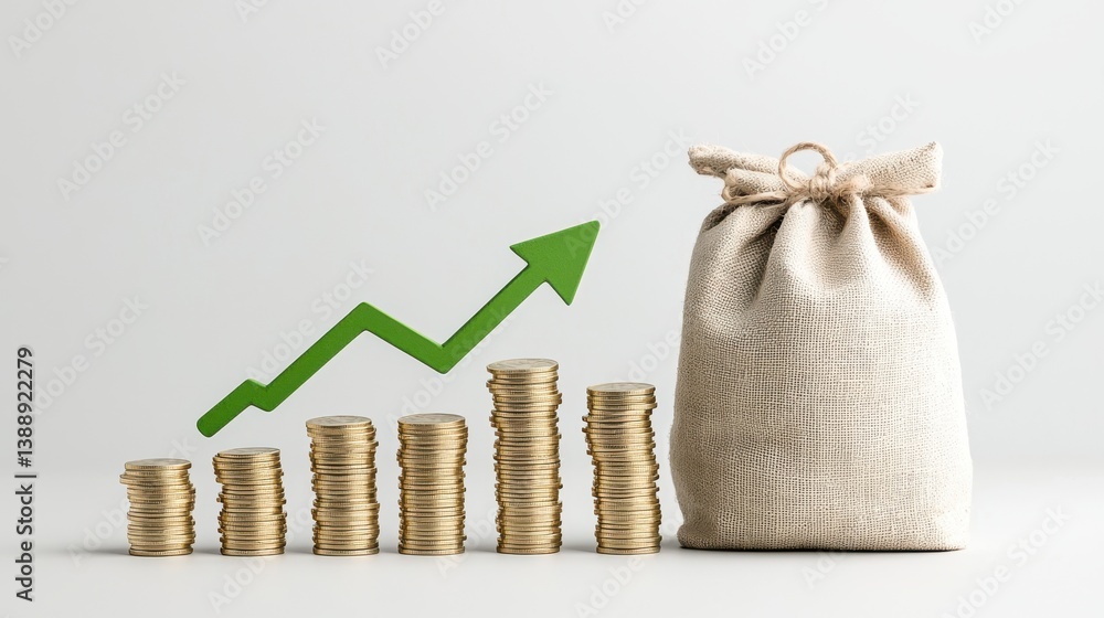 Poster the image depicts a visual representation of money growth and investment with stacked coins forming 
