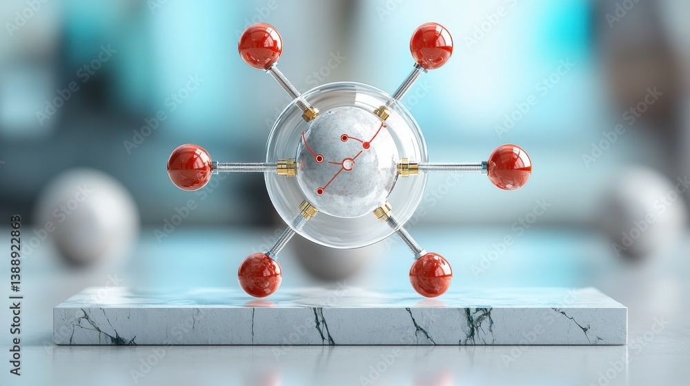 Poster a sphere with red balls surrounding it is on a white marble surface