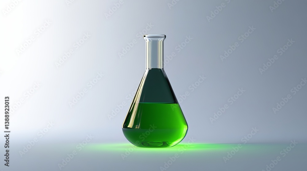 Poster erlenmeyer flask containing a green liquid sitting on a surface with a light background