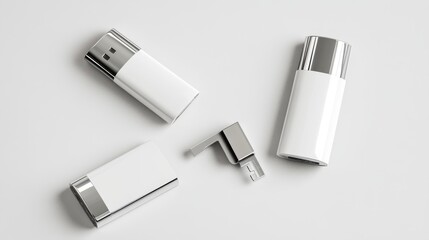 Fototapeta premium Flash drive mockup set featuring open and closed versions with realistic shadows on a white background. 