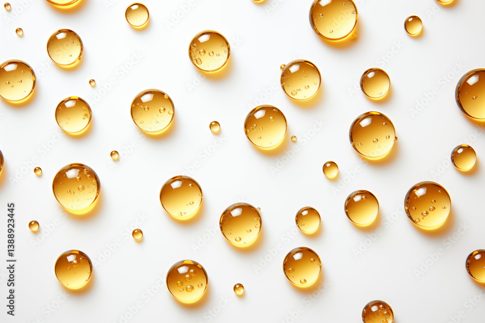 Poster golden serum droplets scattered on a white surface creating a minimalist abstract pattern effect 100