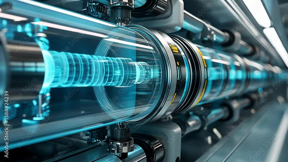 Poster futuristic technology: detailed view of a high-tech tunnel with glowing components
