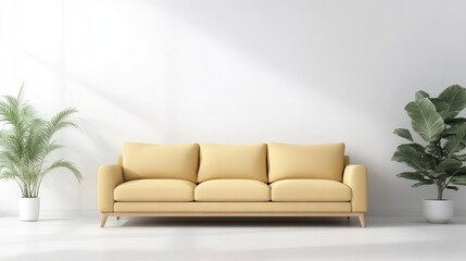 A pale yellow sofa with three cushions sits centrally in a minimalist room. Flanking plants add visual interest. The image is digitally rendered, high-quality, and brightly lit. The style is modern