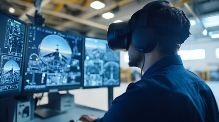 A virtual reality developer creating immersive VR training simulations for aviation, tech lab with VR headsets, flight simulators