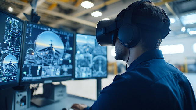 A virtual reality developer creating immersive VR training simulations for aviation, tech lab with VR headsets, flight simulators - Powered by Adobe
