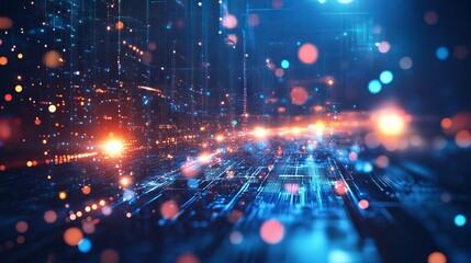 Fototapeta premium Cutting-edge blue digital circuit board background featuring abstract electronic components, evolving infrastructure, and modern tech innovation