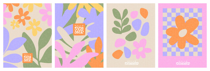 Creative concept of spring summer cards set with abstract leaves, plants, flowers. Modern art minimalist style design templates for celebration, ads, branding, banner, cover, label, poster, print