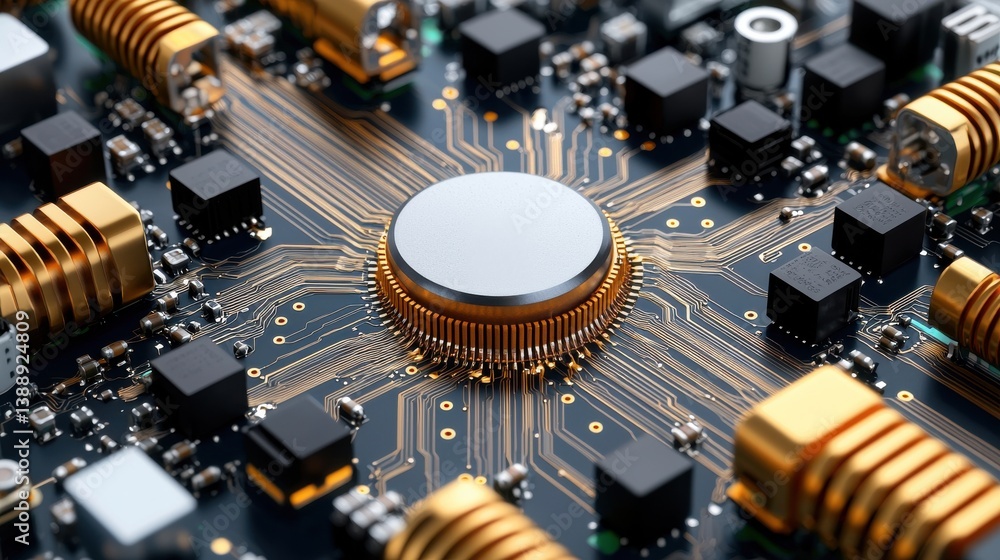 Poster a close up of a circuit board with a gold colored component in the center