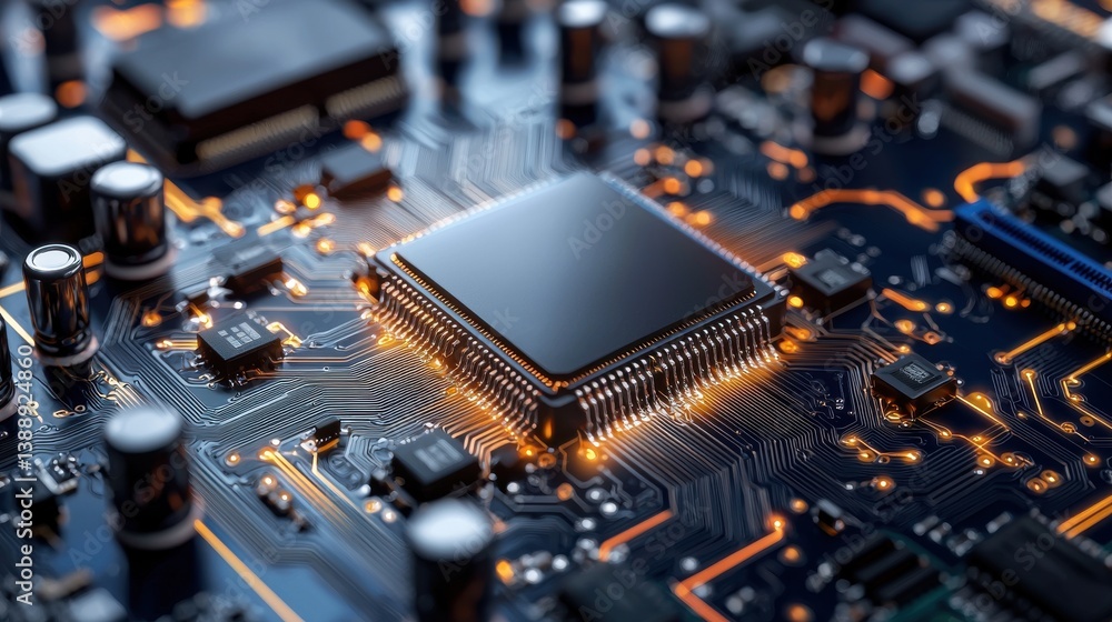 Poster a close up of a computer chip with a bright orange glow
