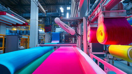 A robotic arm in a modern automated textile factory, surrounded by textile rolls, dye vats