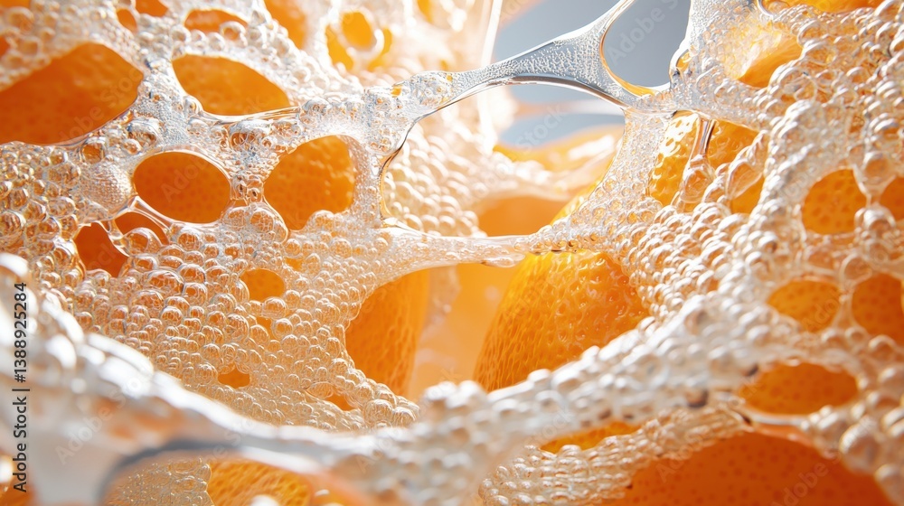 Poster a close up of a piece of orange with bubbles surrounding it