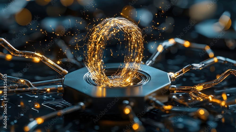 Poster a glowing, metallic object with a ring of light around it