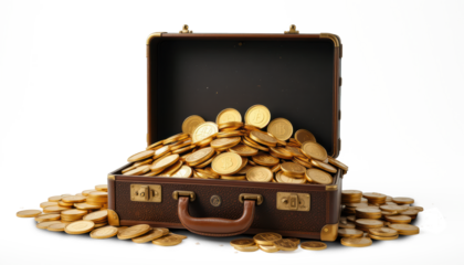 A suitcase full of golden coins isolated on transparent background. Business concept.