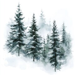 Obraz premium Watercolor painting depicts a winter forest with tall evergreen trees