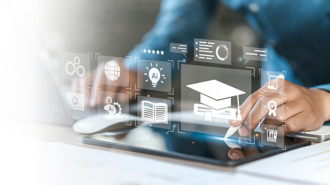 e-learning education concept, man use laptop with icons representing online education, Learning using artificial intelligence, ai, educational tools, video tutorial digital courses, internet lessons.