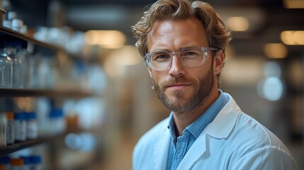 Obraz premium Lab worker in a white coat and glasses, looking at the camera by shelves