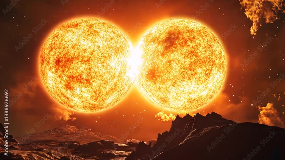 Poster spectacular view of binary star system with exoplanet landscape background scene
